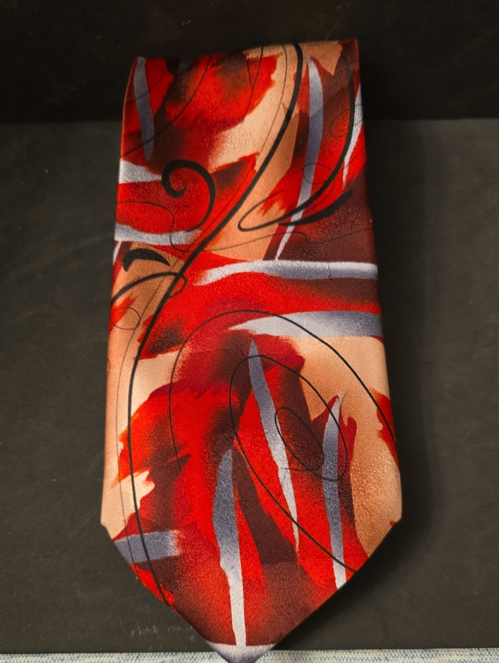 J. Garcia Red and Black Abstract Swirl Men's Silk Tie "Still Life"